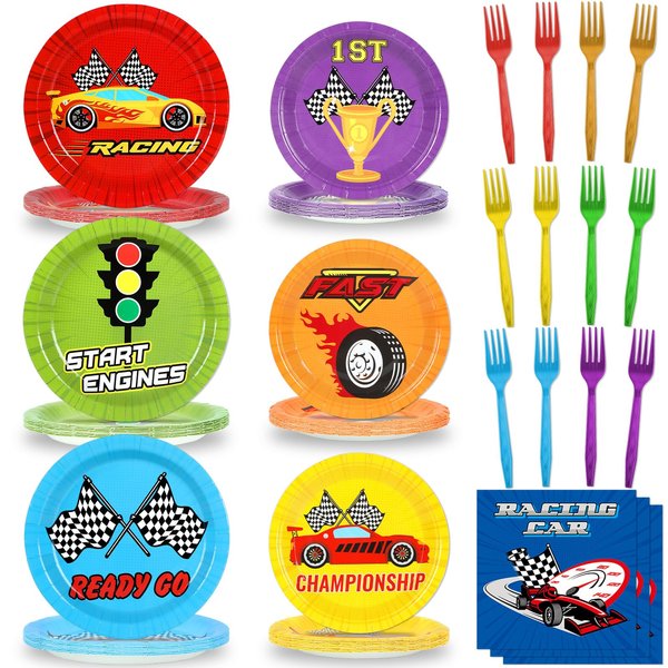 96Pcs Race Car Birthday Party Plates and Napkins Forks for Race Car Party Decorations Checkered Flag Racing Themed Paper Plates Tableware Set for Kids Boys Serves 24 Birthday Party Supplies Favors