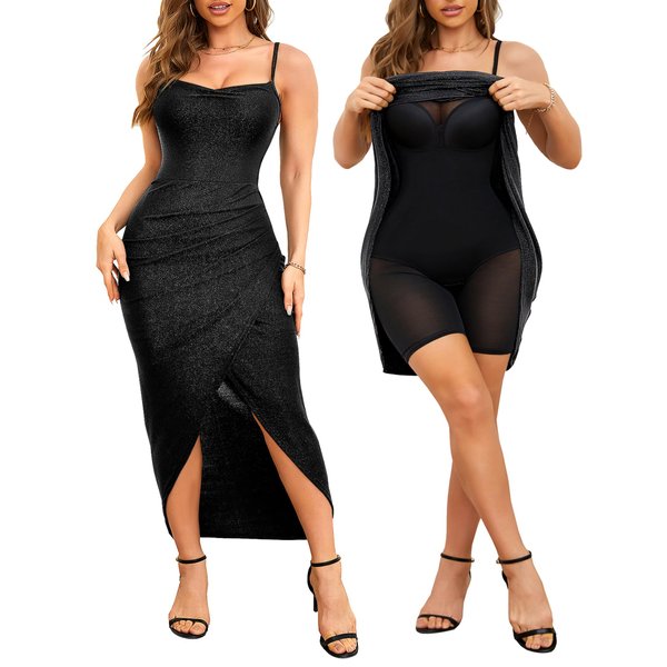 Slimers Women's Body Shaper Dress Sparkly Buit in Bra Layered Formal Spaghetti Strap Backless Full Slips Bodycon Maxi Dress Black
