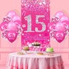 Pink 15th Birthday Decorations for Girls Boys Pink Happy 15th Birthday Door Cover Banner & 18Pcs Happy 15th Birthday Balloons Decorations for Hot Pink 15th Birthday Anniversary Party Supplies