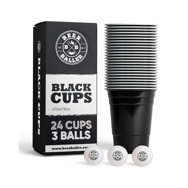 BeerBaller Black Cups Set Including 24 Black Party Cups and 3 Balls Dishwasher Safe and Reusable 16 Ounce Original Red Cups Size