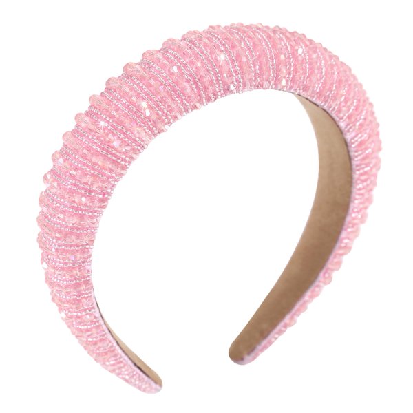 Gmmidea Beaded Rhinestone Headband for Women Girls Fashion Sparkly Crystal Headband Bling Thick Padded Headband Fancy Jeweled Hair Band Holiday Glitter Hair Accessories A-Pink