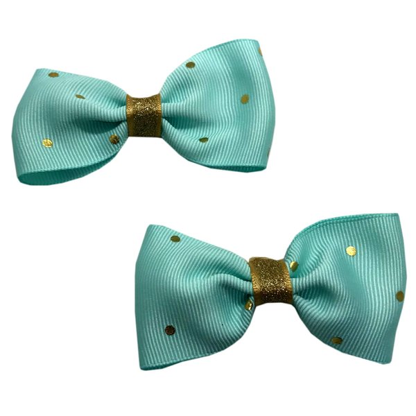 Handmade Teal and Gold Dot Girls Hair Bow Set, Little Girl Bows, Pigtail Hair Bows, Toddler Hair Bows,