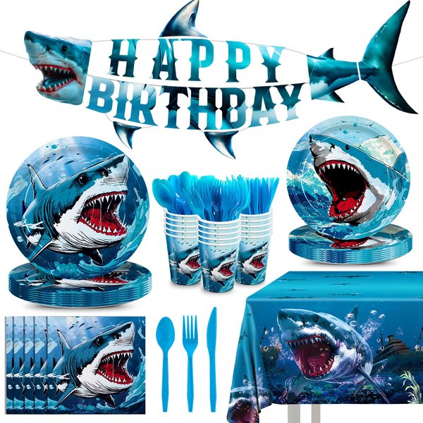 170pcs Shark Party Supplies Shark Birthday Plates Napkins Under the Sea Ocean Tablecloth Shark Shape Banner Paper Cup Dinner Tableware Set for Kids Boy Birthday Party Decorations Serve 24 Guests