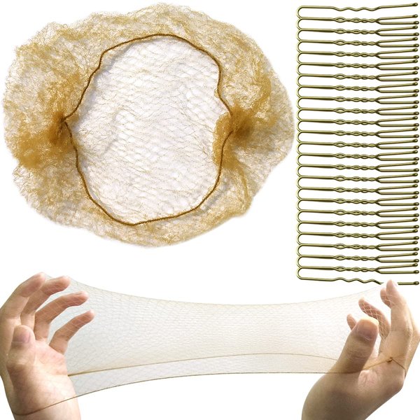 Tenalleys Ballet Hair Bun Cover, 50Pieces 50cm Nylon Invisible Hairnet Invisible Elastic Edge Mesh, 50Pcs U Shaped Pins fits Food Service, Ballet Bun,Wig and Women(Light Linen)
