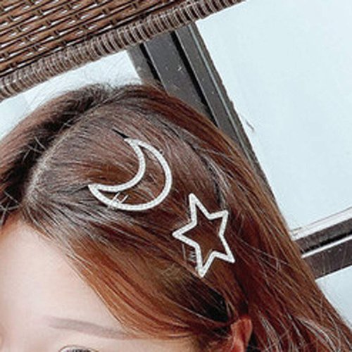 2 Pcs Silver Rhinestone Crystal Geometric Stars Moon Hair Clip Fashion Woman Hollow Side Clip Barrettes Hairpin Hair Accessories