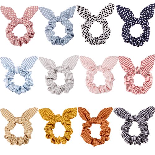 Yaomiao 12 Pieces Scrunchie Bows Bunny Ear Scrunchies Scrunchies for Hair Bow Silk Bowknot Scrunchies Bobbles Elastic Hair Ties Ropes for Women Girls