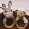 Joliecraft Natural Wooden Baby Rattle Soft Shaker Toy with Teething Ring for Infants Cream Lamb