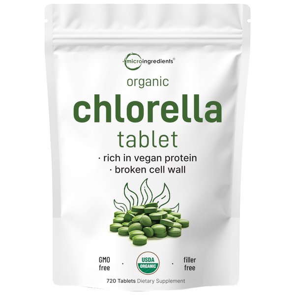 Organic Chlorella Tablets, 500mg Per Tablet, 720 Tabs (360 Grams), 4 Months Supply, Broken Cell Wall, Rich in Vegan Protein & Vitamins, No Filler, No Additives & Non-GMO | Pure Green Algae Superfood
