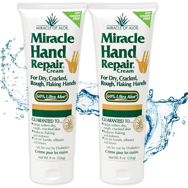Miracle of Aloe Miracle Hand Repair Cream 8 oz Healing Aloe Vera Lotion for Dry, Cracked Hands with 60% Ultra Aloe Gel - Moisturizes, Softens, and Repairs - Non-Greasy, Lightly Scented (2-Pack)