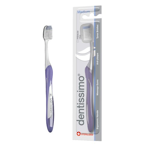 DENTISSIMO SWISS BIODENT Premium Oral Care Medium Bristle Toothbrush with Ergonomic Handle, Colors May Vary, Pack of 1
