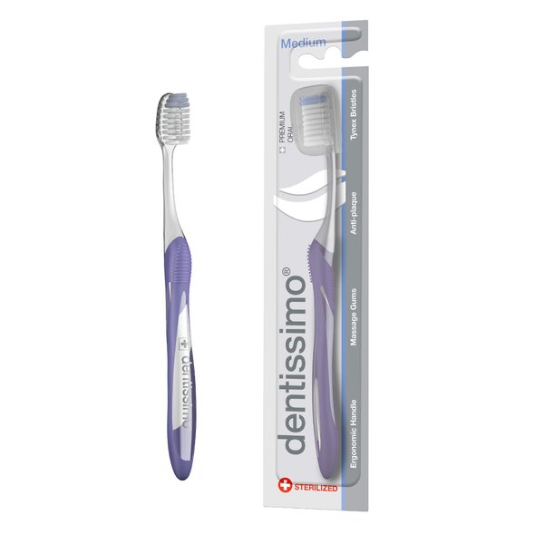 DENTISSIMO SWISS BIODENT Premium Oral Care Medium Bristle Toothbrush with Ergonomic Handle, Colors May Vary, Pack of 1