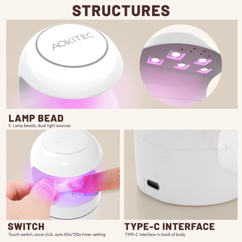 Aokitec UV Light for Nails, Mini UV LED Nail Lamp Portable Quick-Dry 12W Gel Nail Curing Lamp for Gel Polish Resin Glue Gel Extension Gel Manicure Kit for Salon Home DIY Nail Art (White)