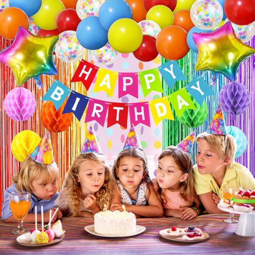 ZERODECO Rainbow Birthday Decorations, Multicoloured Fringe Backdrop Happy Birthday Banner Honeycomb Balls Pompoms Foil Balloons for Kid Baby Boy Girl Colorful Birthday Party Decorations