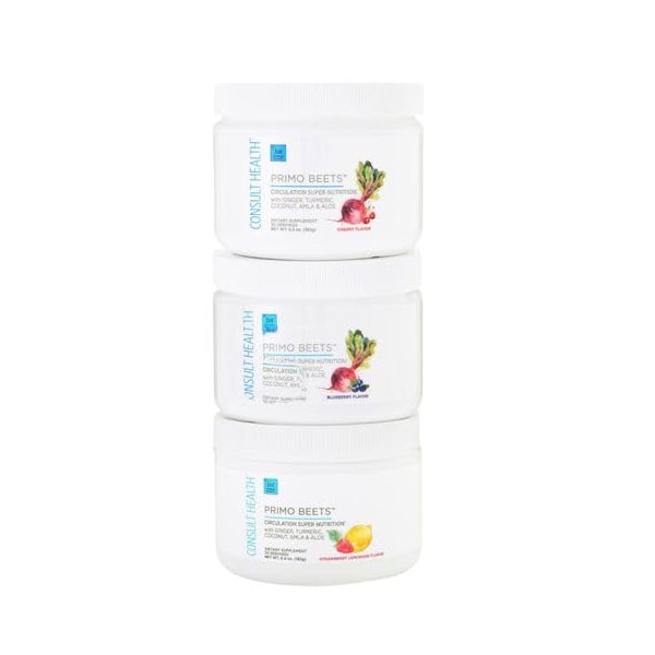 Consult Health - Primo Beets Beet Root Powder Drink Mix with Nitrates - Daily Circulation Support with Ginger and Turmeric - 3 Flavors - Cherry, Blueberry and Strawberry Lemonade 6.5 oz Each (3 Pack)