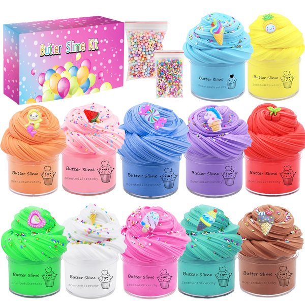 Pugndeb Butter Slime Kit for Party Favors 12 Pack, Scented, Soft and Non-Sticky, Birthday Gifts for Girl Boys, Stress Relief Slime Bulk for Easter Egg Basket fillings