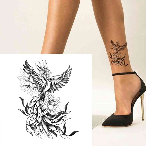 Dopetattoo 6 Sheets Temporary Fake Tattoos for Men Adults Black White Sketch of a Majestic Phoenix in Beautiful Flowers Temporary Fake Tattoo for Women Neck Arm Chest for Woman