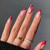 Red Press on Nails French Tip Fake Nails Almond Shape False Nails with Red Swirl Designs Full Cover Acrylic Nails Medium Stick on Nails Glossy Glue on Nails Red Nail Tip Cute Artificial Nails 24Pcs
