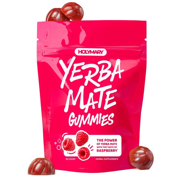HOLYMARY Yerba Mate Gummies - Boost Energy, Focus, Immunity & Cardio Health | Vegan, Non-GMO, Gluten-Free Supplement - 30 Raspberry Flavor Gummies