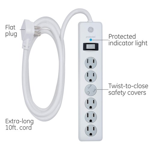 GE 6-Outlet Surge Protector, 8 Ft Extension Cord, Power Strip, 800 Joules, Flat Plug, Twist-to-Close Safety Covers, Protected Indicator Light, UL Listed, White, 67044