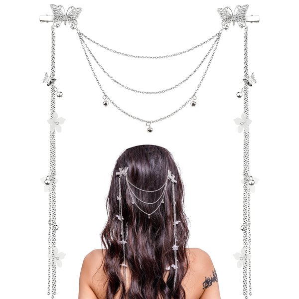 DonLeeving 2 PACK Silver Wedding Butterfly Flower Headband Boho Head chain Tassel Headband for Women Sparkly Rhinestone Fake Earrings Hair Chain Hairhoop Hair Accessories for Women and Girls